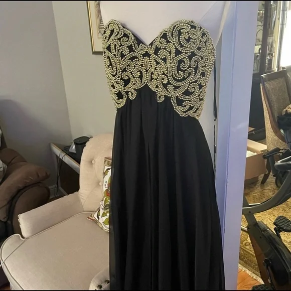 La Femme Black Chiffon Dress Good Beads - Picture 1 of 6